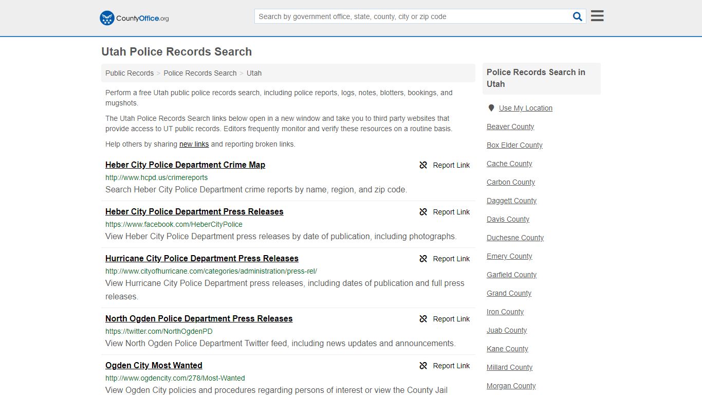 Police Records Search - Utah (Accidents & Arrest Records) - County Office