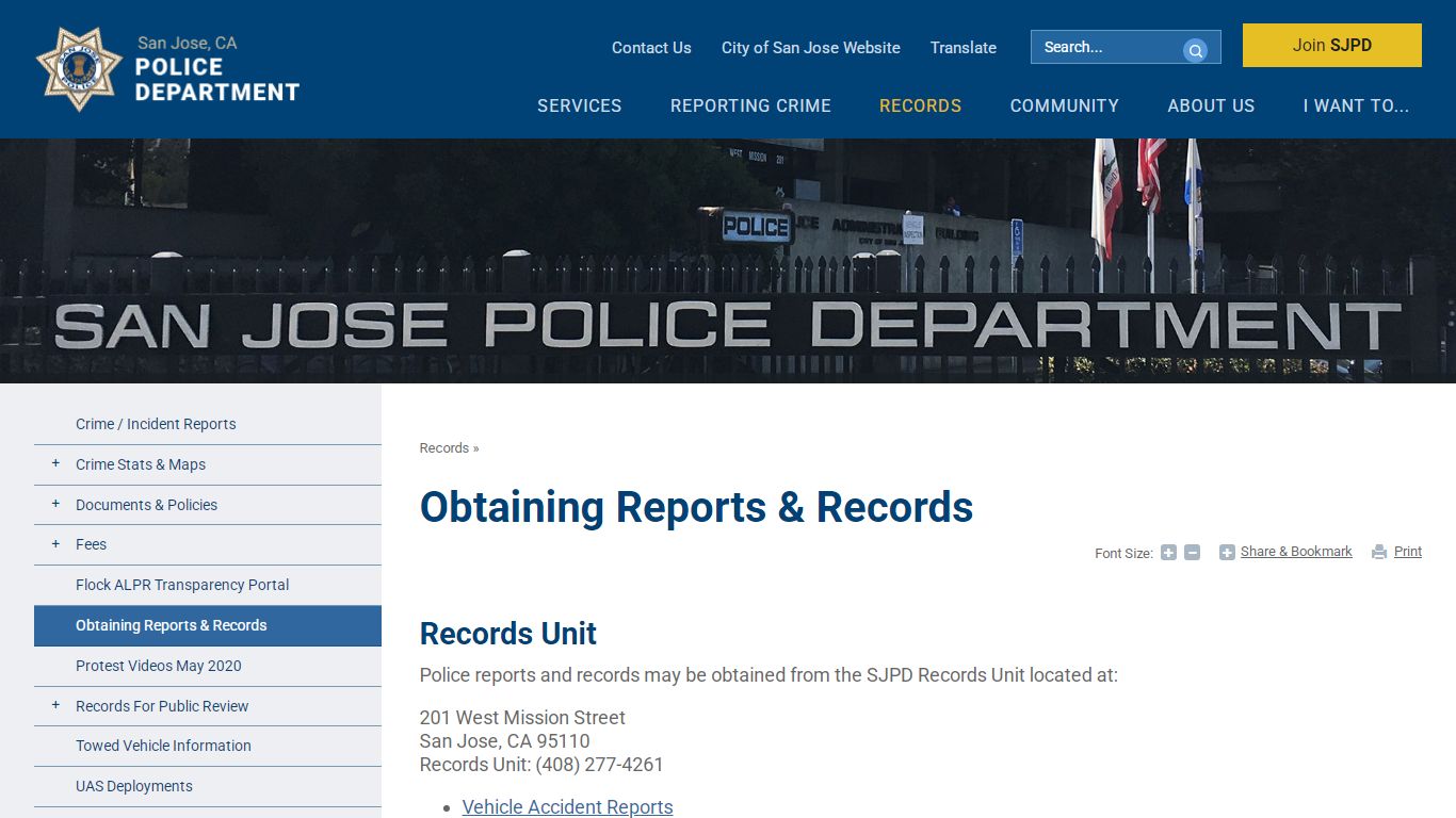 Obtaining Reports & Records | San Jose Police Department, CA